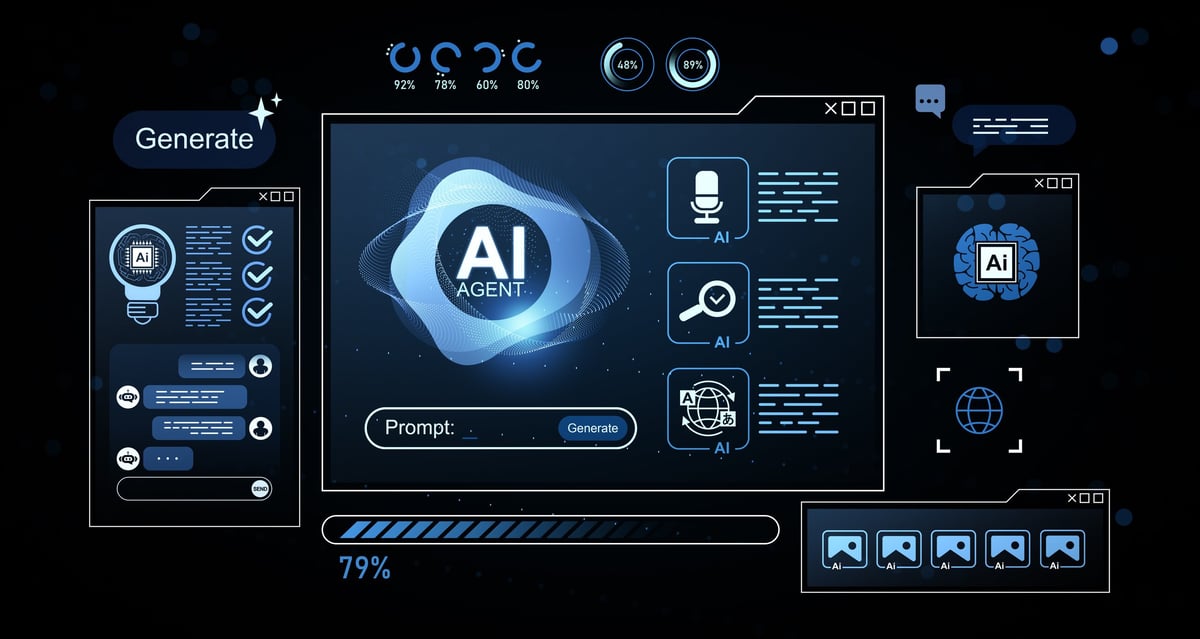 Futuristic AI digital interface with glowing blue holographic icons